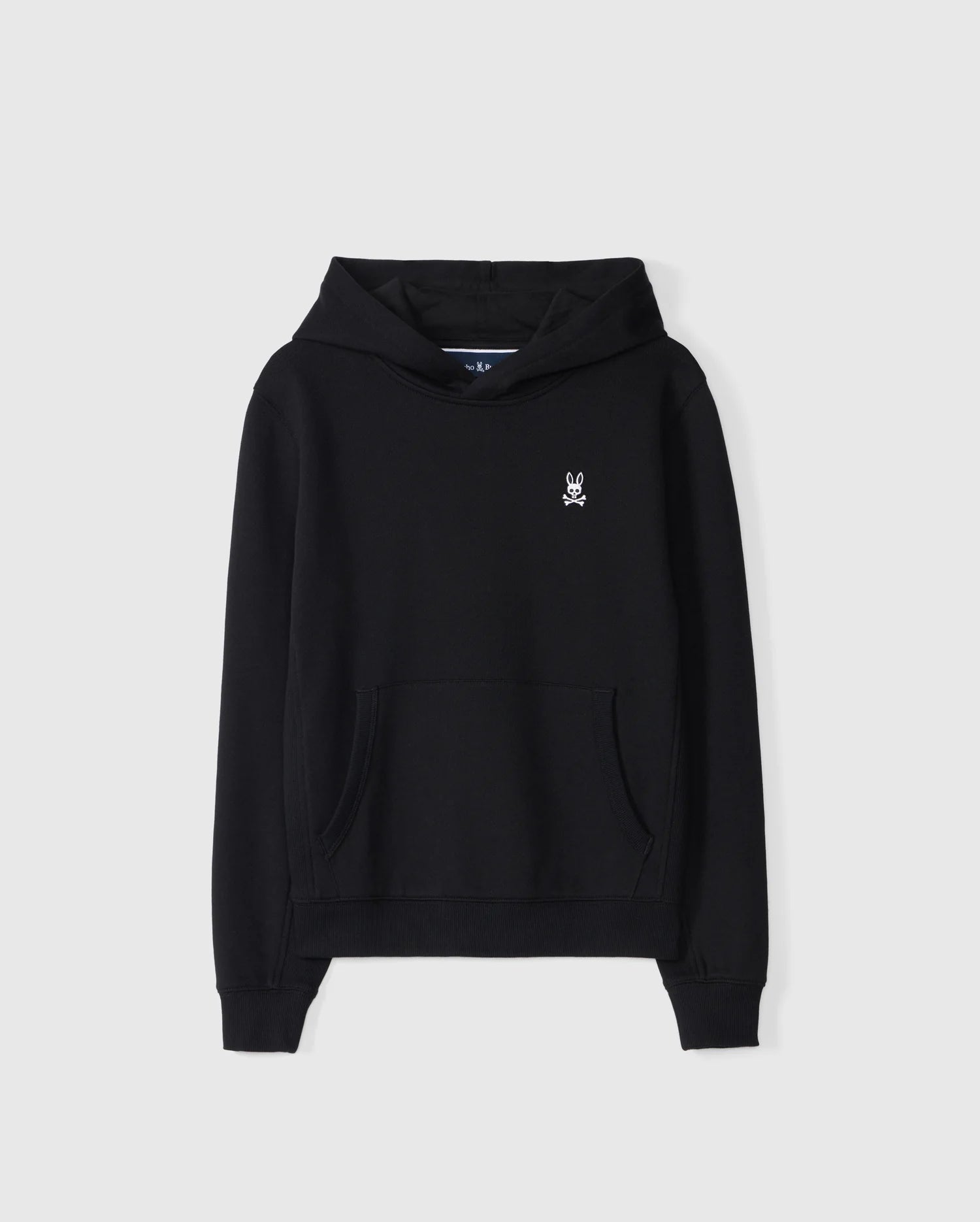 The KIDS LEVY FLEECE HOODIE - B0H859D200 by Psycho Bunny is a black micro-French terry hoodie with a small embroidered logo on the chest. Crafted from 100% cotton, it includes a front pocket and ribbed cuffs. Set against a plain white background, this piece showcases its regular fit design.