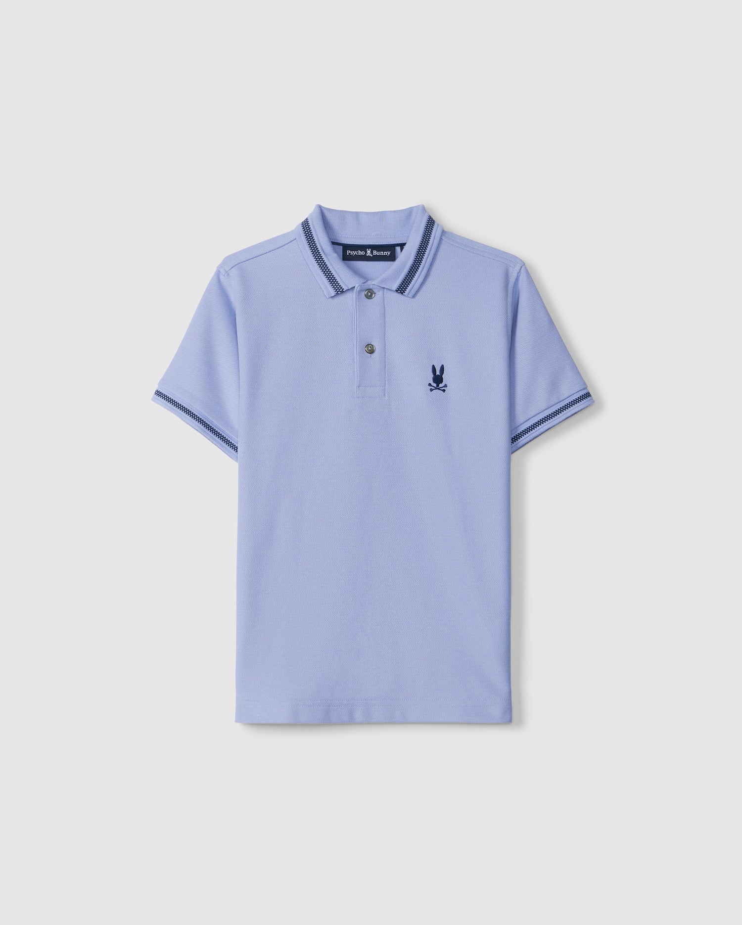 A light blue short-sleeve KIDS RIVIERA PIQUE POLO SHIRT - B0K640C200 with dark blue trim on the collar and sleeves. Made from diamond-knit Pima cotton, it features a two-button placket and an embroidered chest Bunny in dark blue on the left side.