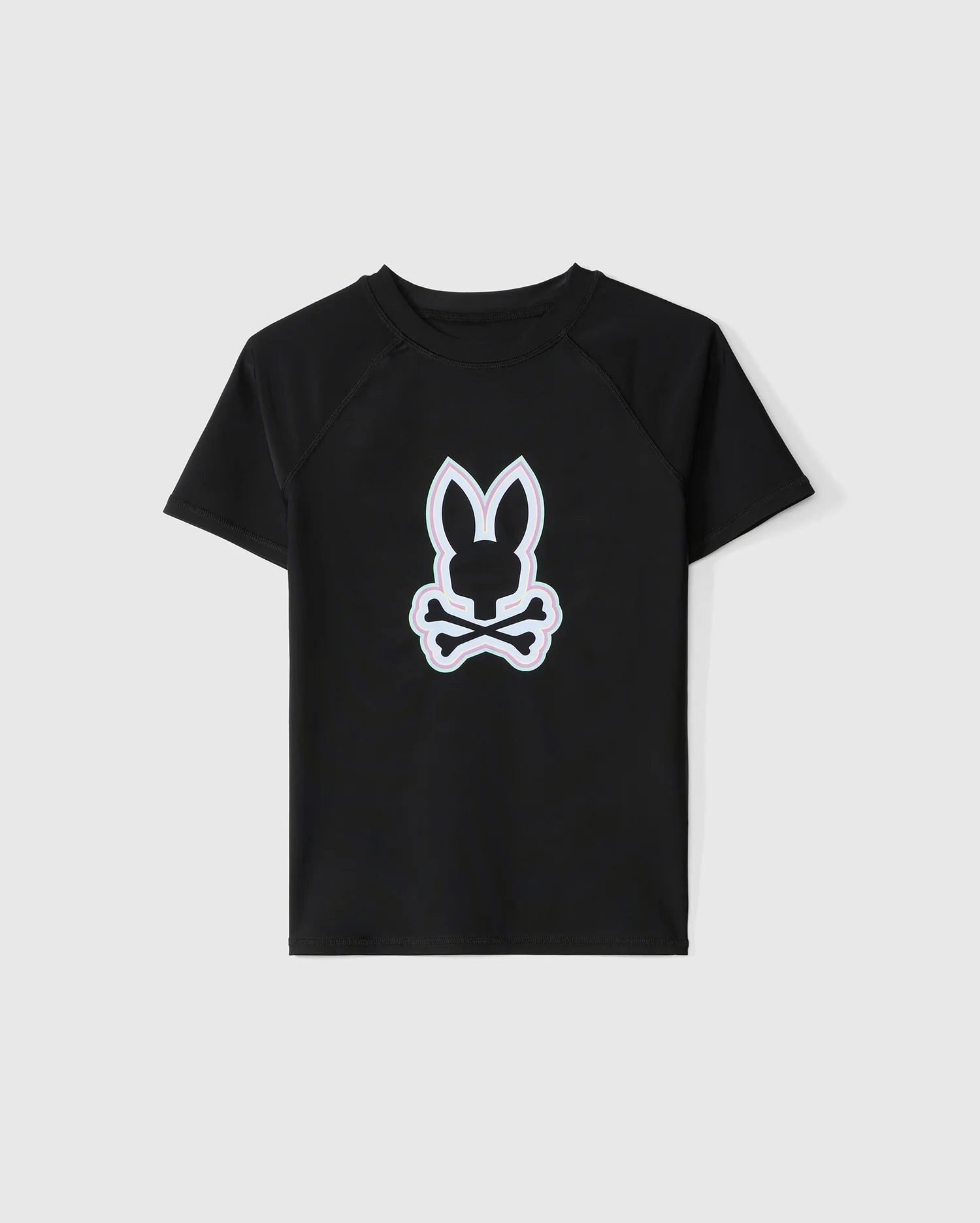 Black short-sleeved t-shirt featuring a white outline graphic of a bunny head above a pair of crossed bones on the front. The background is plain white. This KIDS SAN LEON ANTI-UV RASHGUARD - B0T645C200 by Psycho Bunny offers UPF 50+ protection, ensuring comfort and safety during outdoor adventures.