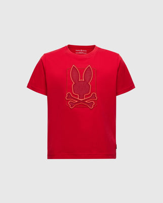 The Psycho Bunny KIDS PIERCE GRAPHIC TEE (B0U115E200) features a vibrant red design with a playful rabbit head and crossbones graphic on the front. It has a simple crew neck and short sleeves, while bunny embroidery adds an endearing charm, making it an ideal addition to your child's wardrobe.