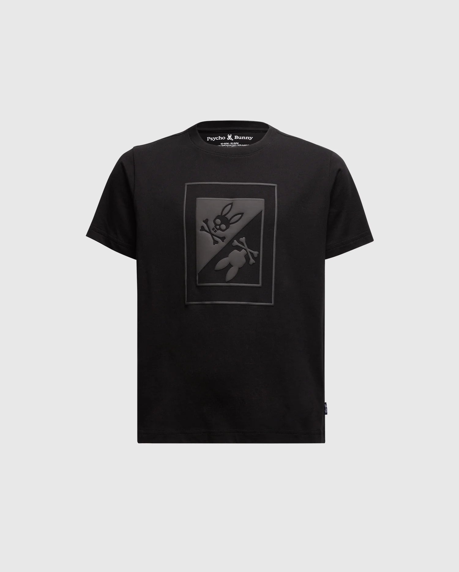 Introducing the KIDS DOTSER PRINTED GRAPHIC TEE - B0U197E200 by Psycho Bunny: A black T-shirt made from premium Pima Cotton, featuring a subtle puff print graphic of a bunny with crossed bones on the front. The 