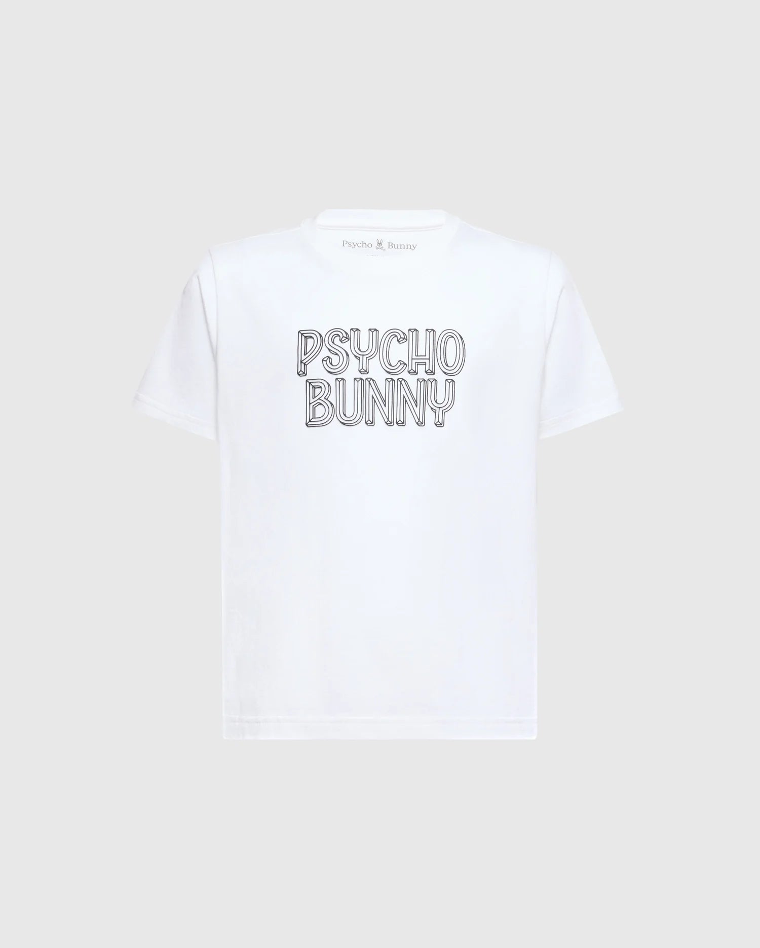 The KIDS MONARC WORDMARK GRAPHIC TEE - B0U210E200 by Psycho Bunny is a white t-shirt made from lightweight and durable 100% Pima cotton, featuring 