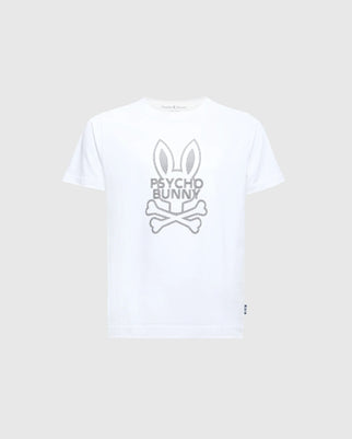 The Psycho Bunny Kids Dumon Graphic Tee (B0U271E200) is crafted from premium Pima cotton and showcases a bold gray bunny ears and crossbones logo across the chest, ideal for kids who appreciate stylish comfort.