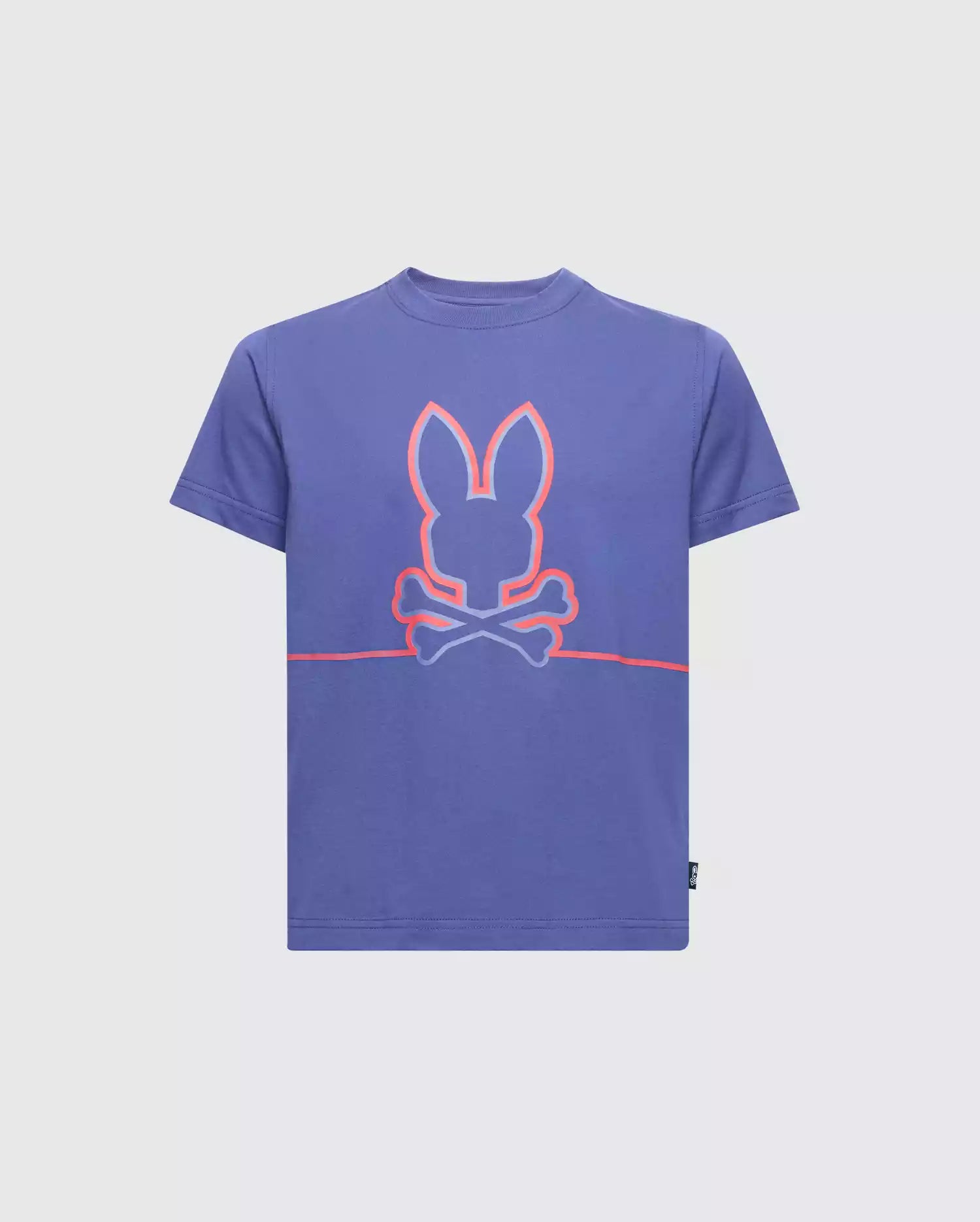 The KIDS DACANO FRONT GRAPHIC TEE - B0U314E200 by Psycho Bunny is a blue T-shirt with a comfort-forward fit, showcasing a pink bunny and crossed bones design and features a light gray background for enhanced playful charm and stylish performance.