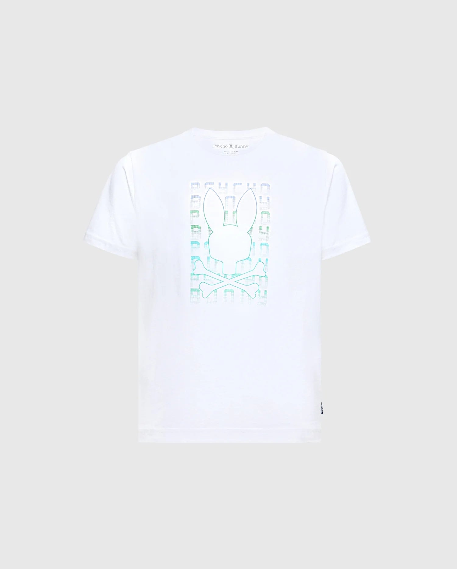 Introducing the KIDS CORTES GRAPHIC TEE - B0U328E200 by Psycho Bunny—a trendy white T-shirt adorned with a pastel turquoise stylized bunny and crossbones graphic. Crafted from 100% cotton, this chic and contemporary piece adds a stylish touch to any wardrobe.