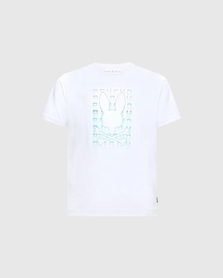 Introducing the KIDS CORTES GRAPHIC TEE - B0U328E200 by Psycho Bunny—a trendy white T-shirt adorned with a pastel turquoise stylized bunny and crossbones graphic. Crafted from 100% cotton, this chic and contemporary piece adds a stylish touch to any wardrobe.