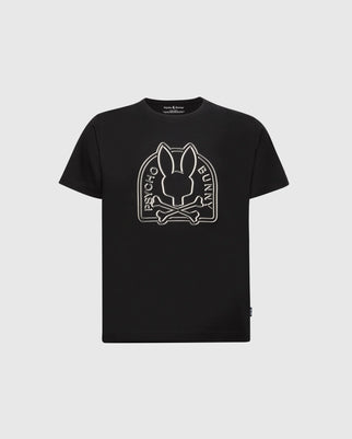 The KIDS MELBOURNE GRAPHIC TEE by Psycho Bunny (B0U410F200) is a black shirt with a large stylized bunny and crossed bones graphic in white, made from eco-friendly Peruvian Pima cotton for a stylish and sustainable look.