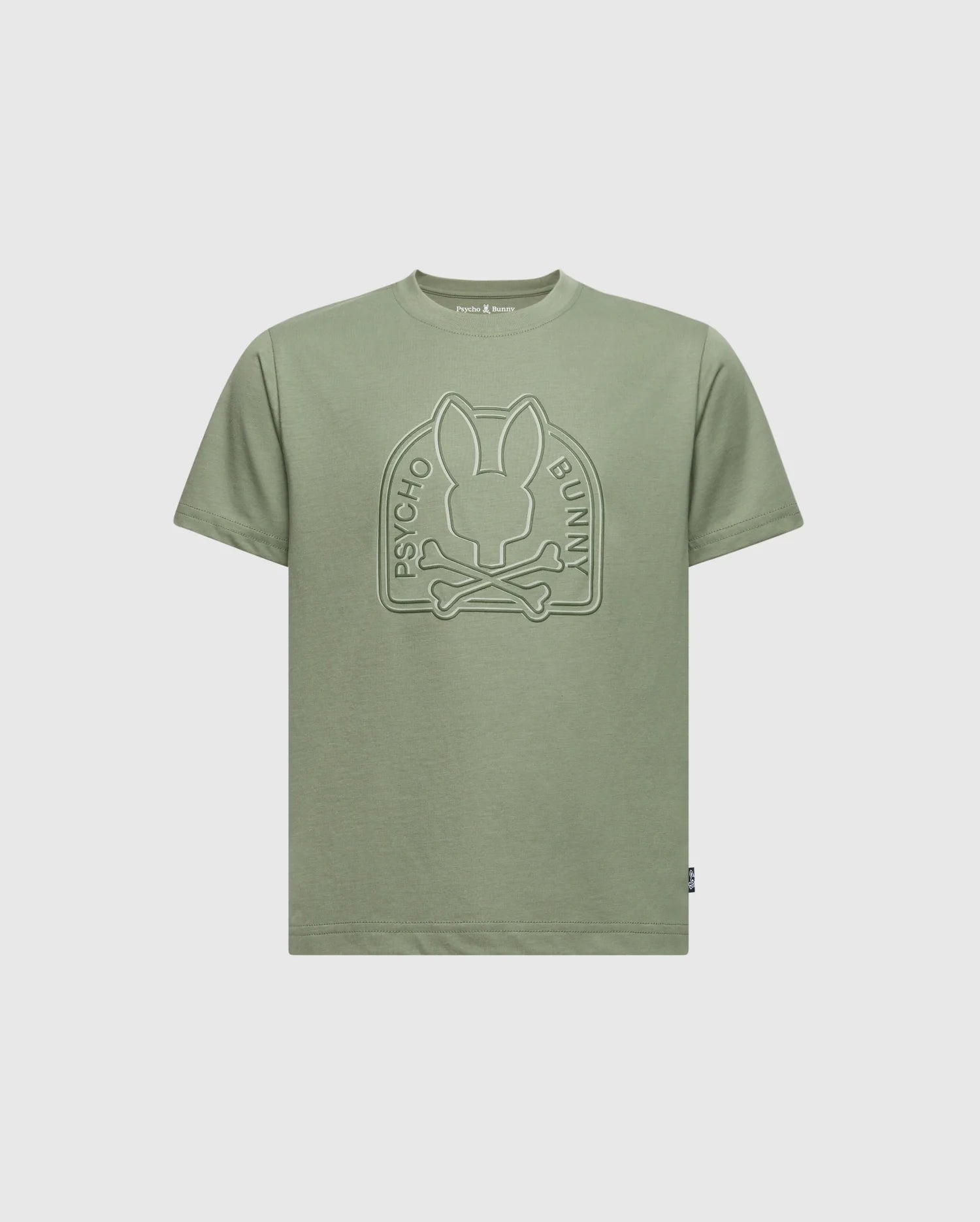 The KIDS MELBOURNE GRAPHIC TEE - B0U410F200 by Psycho Bunny in olive green features an embossed bunny with crossed bones and 