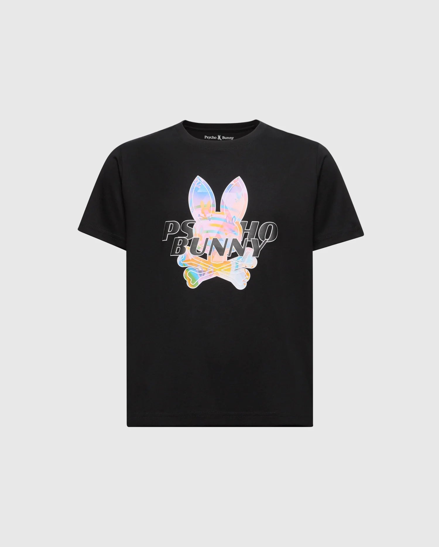 The KIDS MILOS GRAPHIC TEE - B0U456F200 by Psycho Bunny is a black shirt made of premium Peruvian Pima cotton. It features a bunny graphic with a holographic rabbit skull and crossbones, plus 