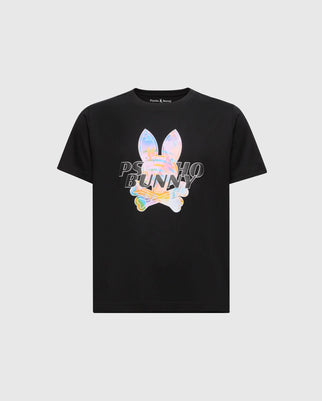 The KIDS MILOS GRAPHIC TEE - B0U456F200 by Psycho Bunny is a black shirt made of premium Peruvian Pima cotton. It features a bunny graphic with a holographic rabbit skull and crossbones, plus "Psycho Bunny" in a stylized font, creating an edgy, space-age vibe against the plain background.