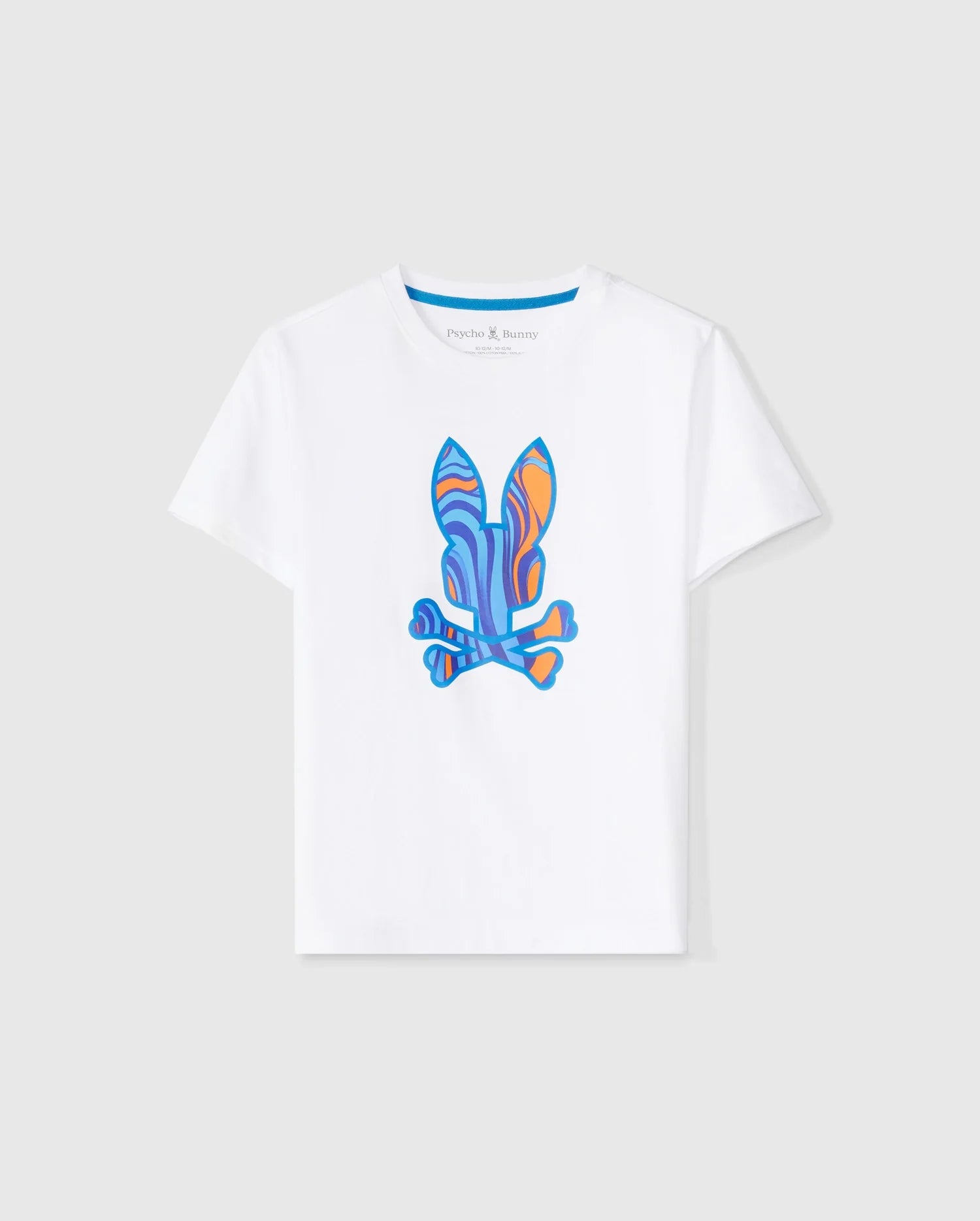 The KIDS NEVADA GRAPHIC TEE - B0U515C200 by Psycho Bunny is a soft Pima cotton kids' graphic tee featuring a white short-sleeve design with a stylized, colorful bunny print. The graphic showcases abstract rabbit ears in blue, purple, and orange hues above two crossed bones in matching tones.