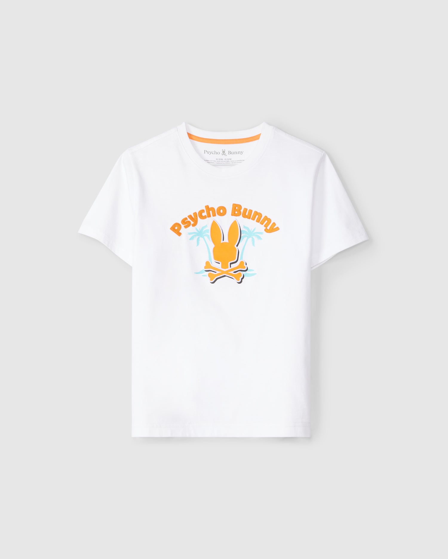 The KIDS BOSTON GRAPHIC TEE - B0U573C200 by Psycho Bunny is a high-quality cotton, white short-sleeve t-shirt that showcases an orange bunny with crossed bones beneath it at the center. 