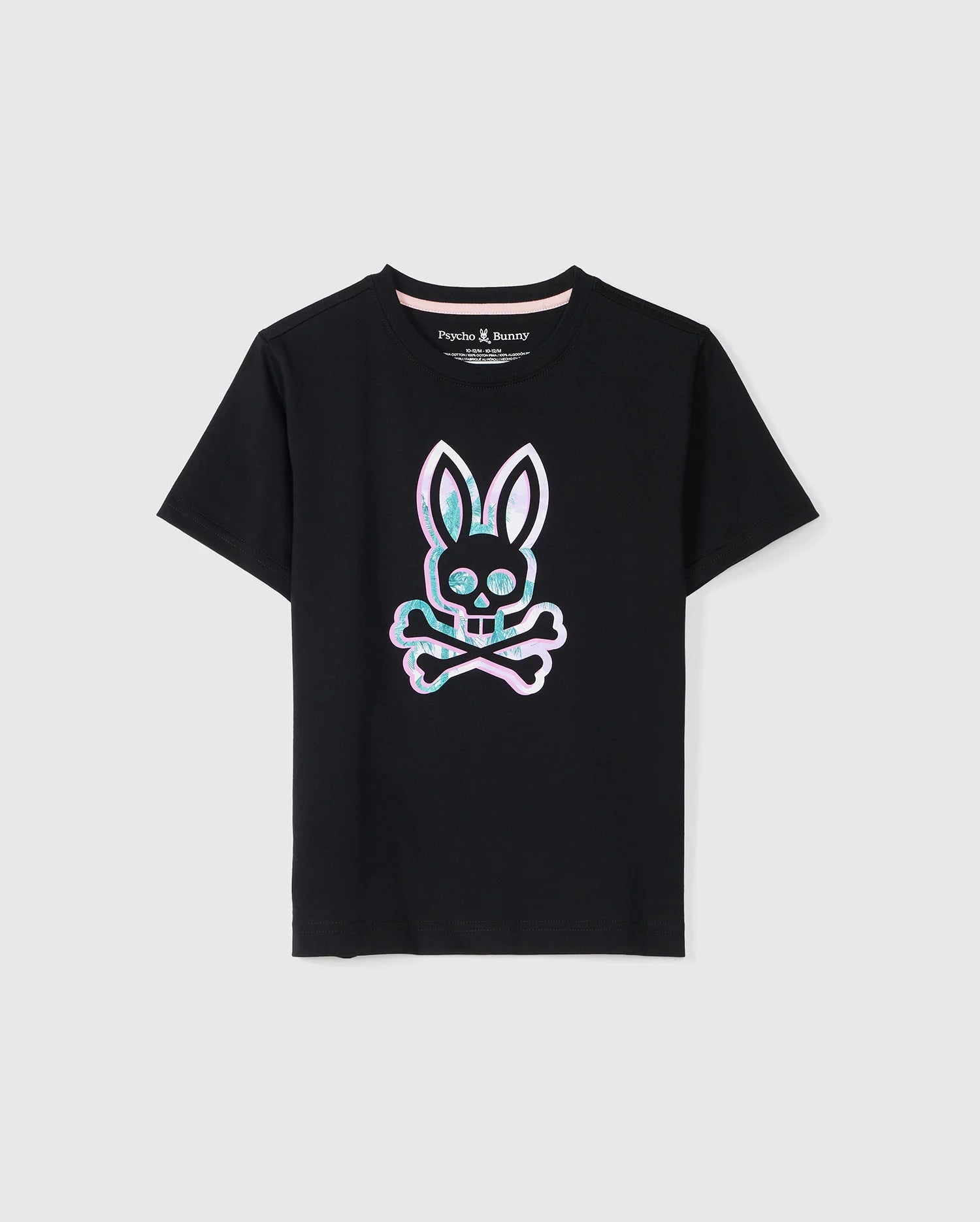 A black KIDS LEONARD GRAPHIC TEE - B0U609C200 featuring a bunny skull and crossbones design in iridescent colors. Made from soft Pima cotton, the shirt has short sleeves and a round neckline by Psycho Bunny.