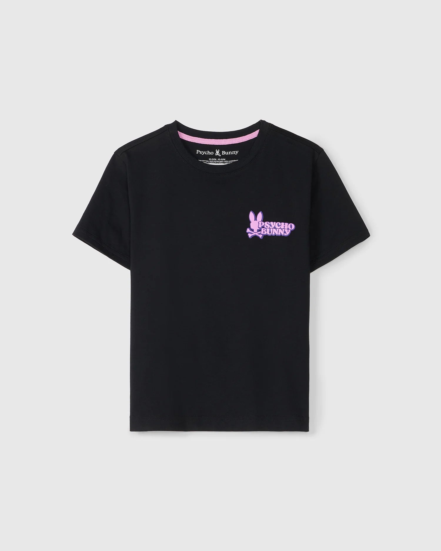 This KIDS REDLAND GRAPHIC TEE - B0U613C200 by Psycho Bunny is a short-sleeved, black Pima cotton T-shirt featuring a small pink bunny graphic and the words 