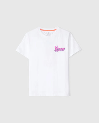 A plain white t-shirt made of Pima cotton with a small pink logo labeled "KIDS REDLAND GRAPHIC TEE - B0U613C200, Psycho Bunny" on the left chest area, displayed on a light grey background.