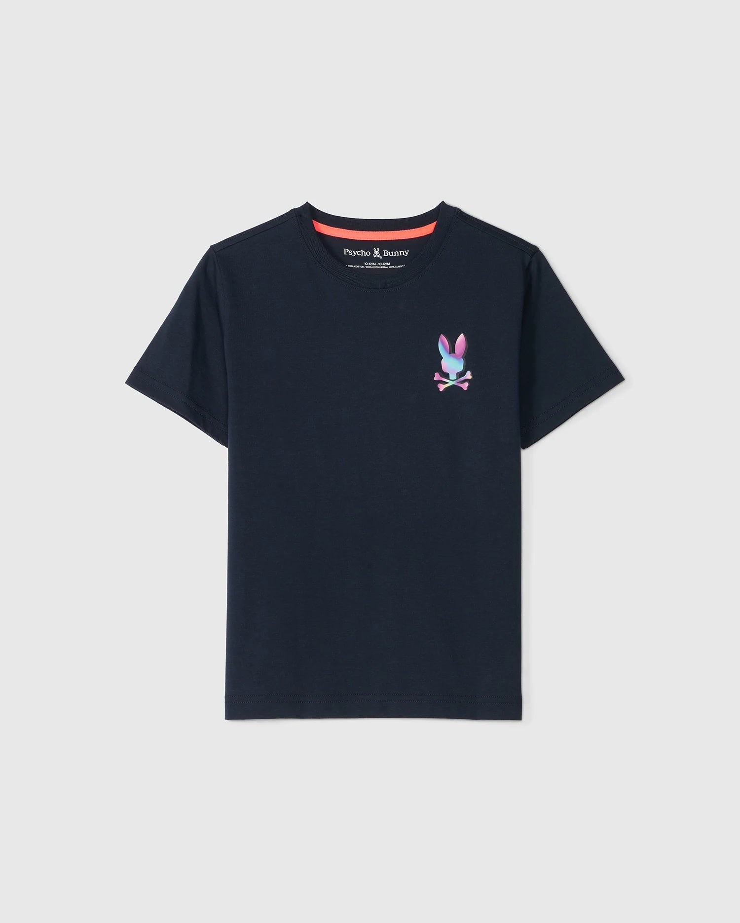 A navy blue Pima cotton t-shirt featuring a small, colorful bunny print wearing headphones on the left chest area. The shirt has short sleeves and a crew neckline, perfect for casual wear. The product is the KIDS TYLER BACK GRAPHIC TEE - B0U674C200 by Psycho Bunny.