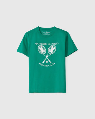 The KIDS COURTSIDE GRAPHIC TEE - B0U684C200 by Psycho Bunny is a green Pima cotton jersey tee featuring a white graphic of crossed tennis rackets and balls, "Psycho Bunny" text above, and the iconic Bunny logo below, symbolizing its Tennis Club membership.