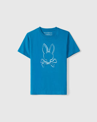 Explore the KIDS VINCENT GRAPHIC TEE by Psycho Bunny, made from high-quality Pima cotton. This blue T-shirt showcases a bold design with a light blue outline of a bunny head above crossed bones, providing distinctive style and exceptional comfort.