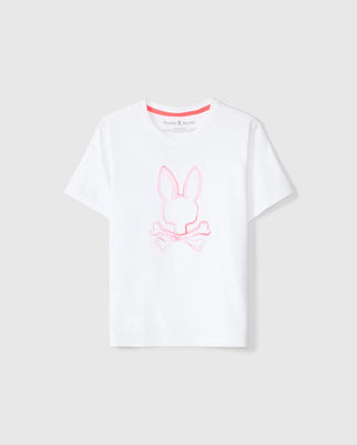 The KIDS VINCENT GRAPHIC TEE - B0U713D200 by Psycho Bunny showcases a pink outline of a bunny head above crossed bones on the front, made from soft Pima cotton for maximum comfort.