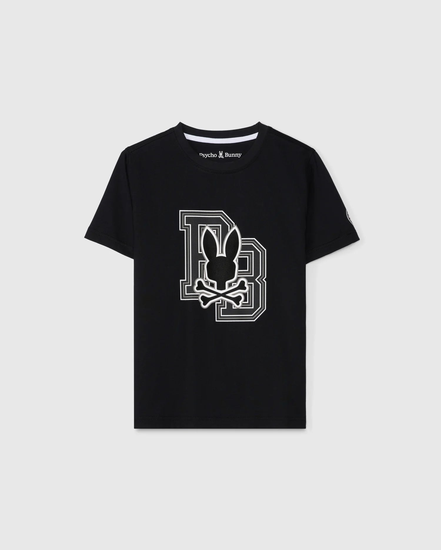 The KIDS ZACK GRAPHIC TEE - B0U897D200 by Psycho Bunny is a black graphic tee crafted from soft Pima cotton. It features a large stylized letter 