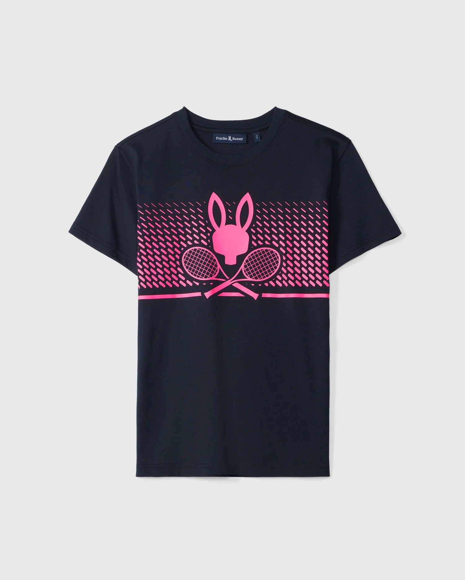 The Psycho Bunny WOMENS TORONTO TOURNAMENT TEE - B2U702C200 is crafted from luxurious Pima cotton and comes in black. It features a striking pink graphic of a rabbit head above two crossed tennis rackets, set against a gradient pattern of small triangles from the top to the middle. This makes it an ideal apparel choice for National Bank Open fans.