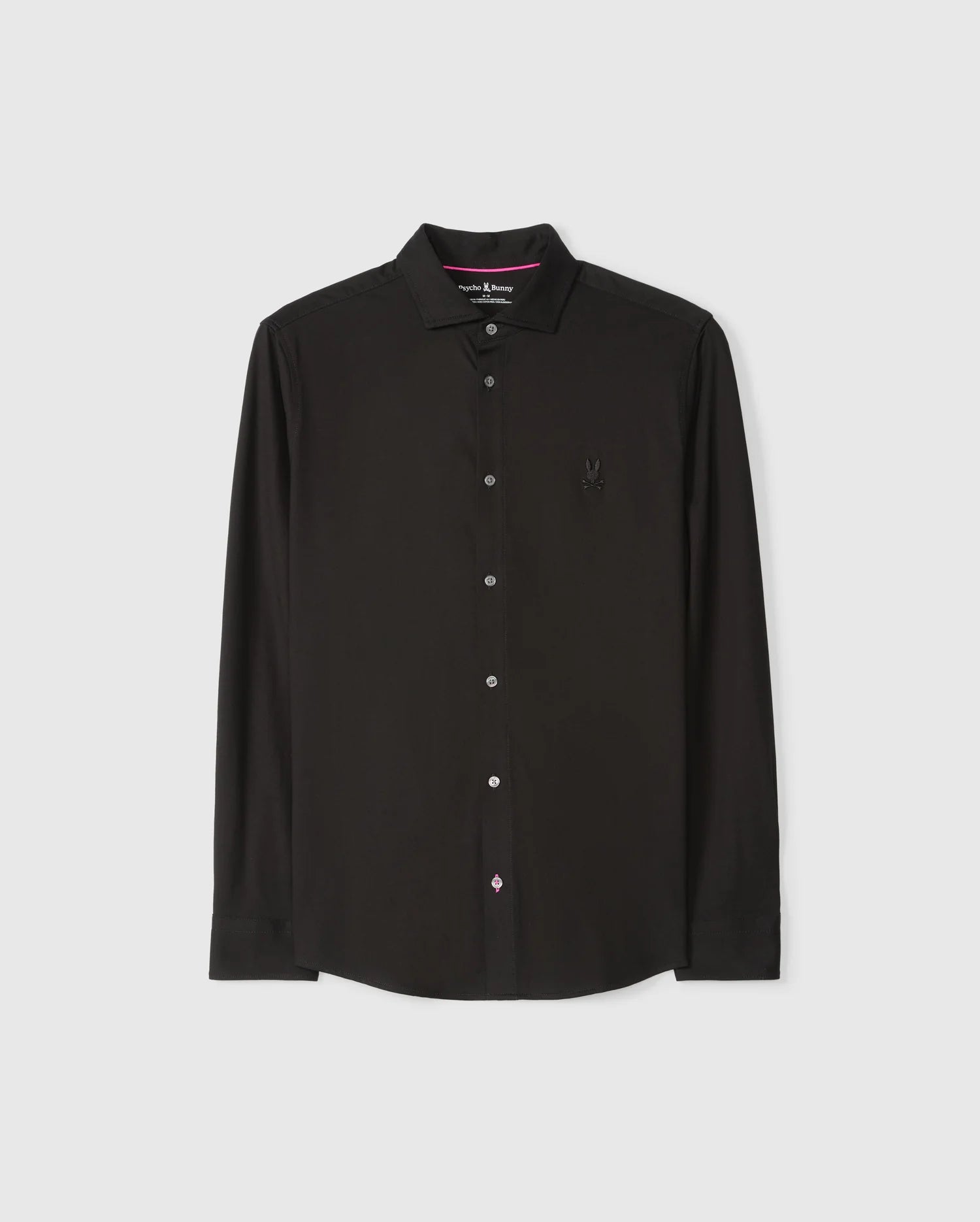 The Psycho Bunny MENS ARTHUR JERSEY SHIRT - B6C748D200, crafted from stretch Pima cotton, is showcased against a white background. This black long-sleeve button-up features a collar, buttoned cuffs, and a small embroidered logo on the left chest for subtle elegance.