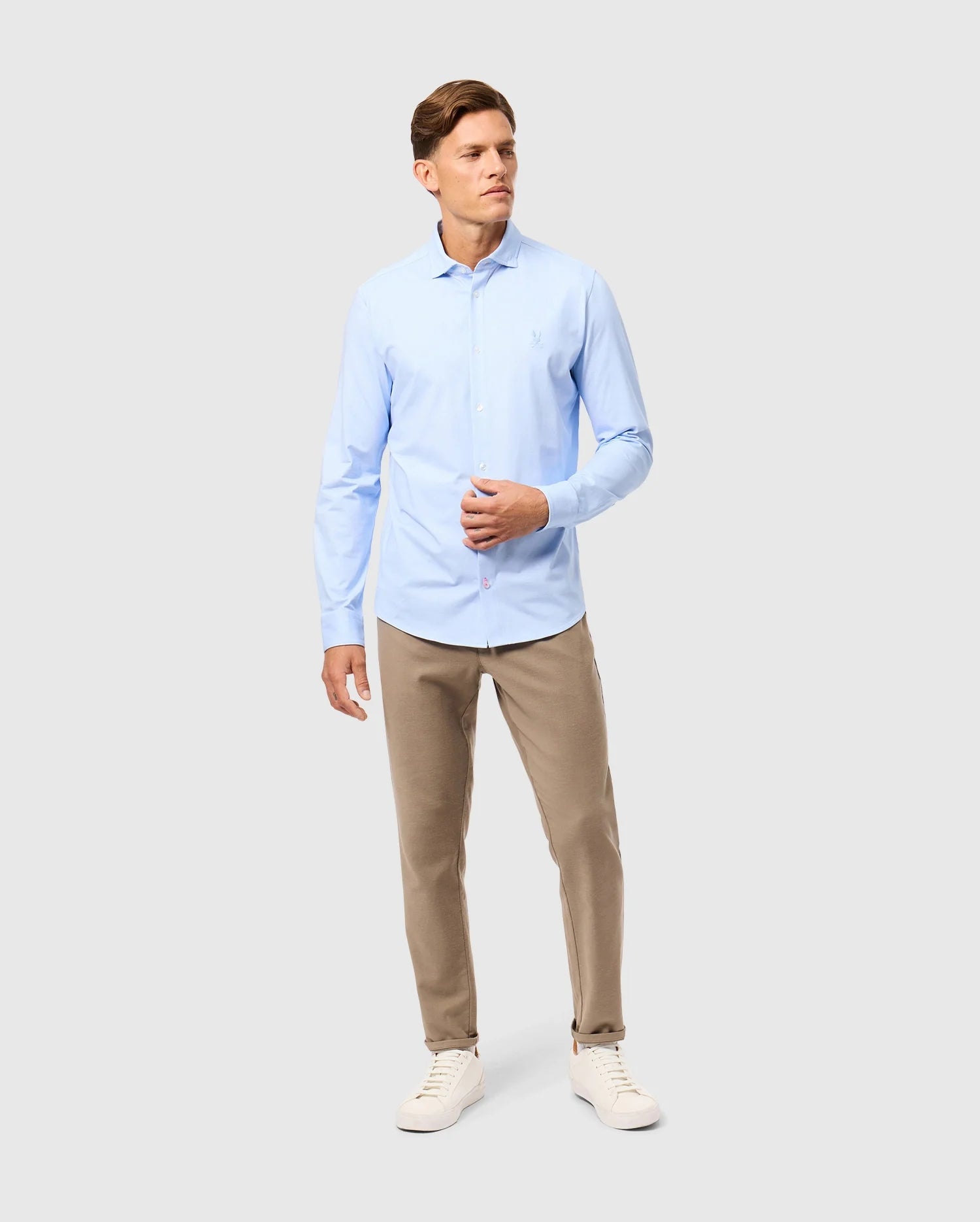 Light blue shirt and beige pants deals