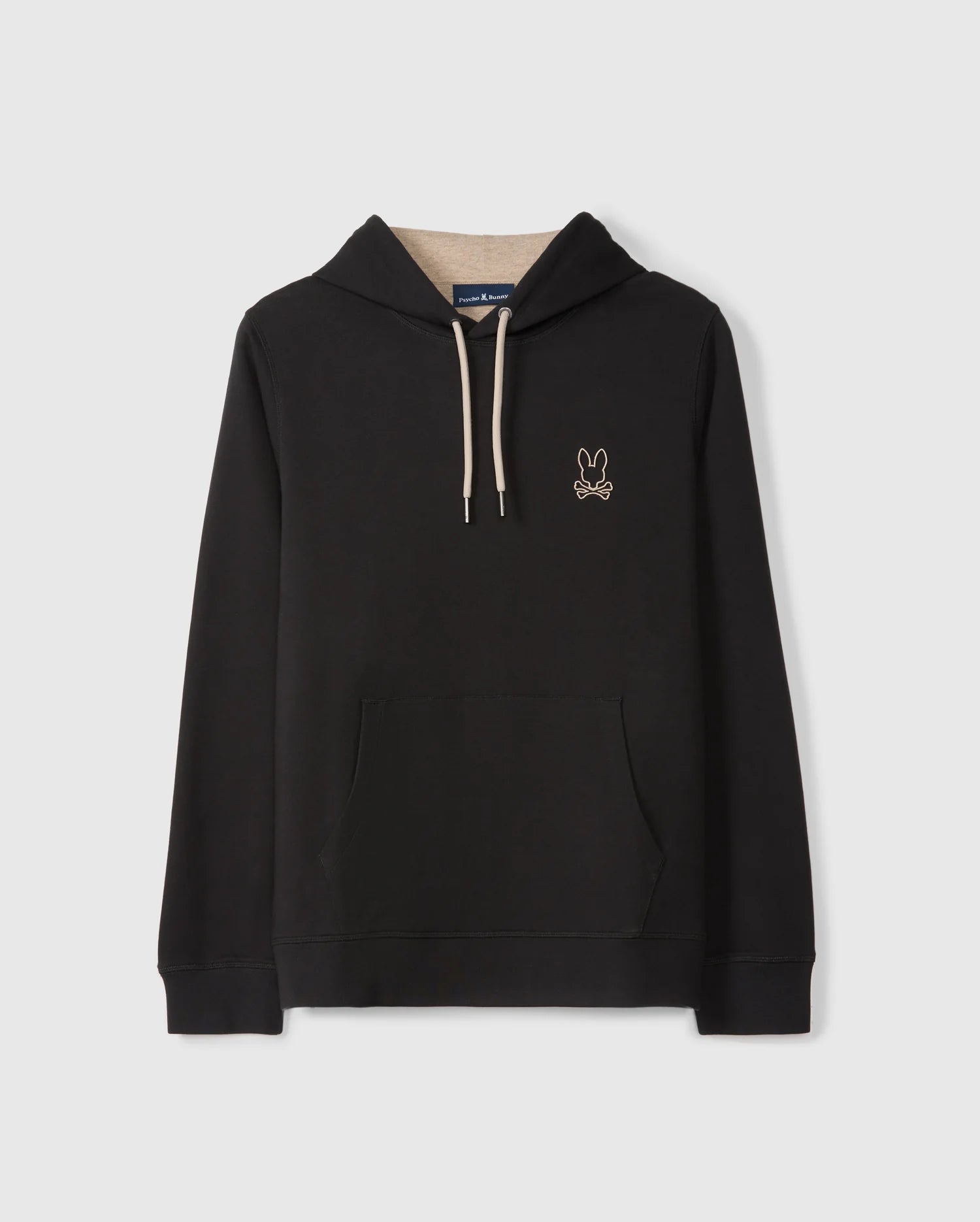 The MENS JAMES PREMIUM HOODIE - B6H789D200 by Psycho Bunny is a black hoodie made from premium jersey, featuring a front pocket, drawstring hood with contrasting beige drawstrings, and a small embroidered bunny logo on the left chest. The hoodie is displayed against a plain light gray background.