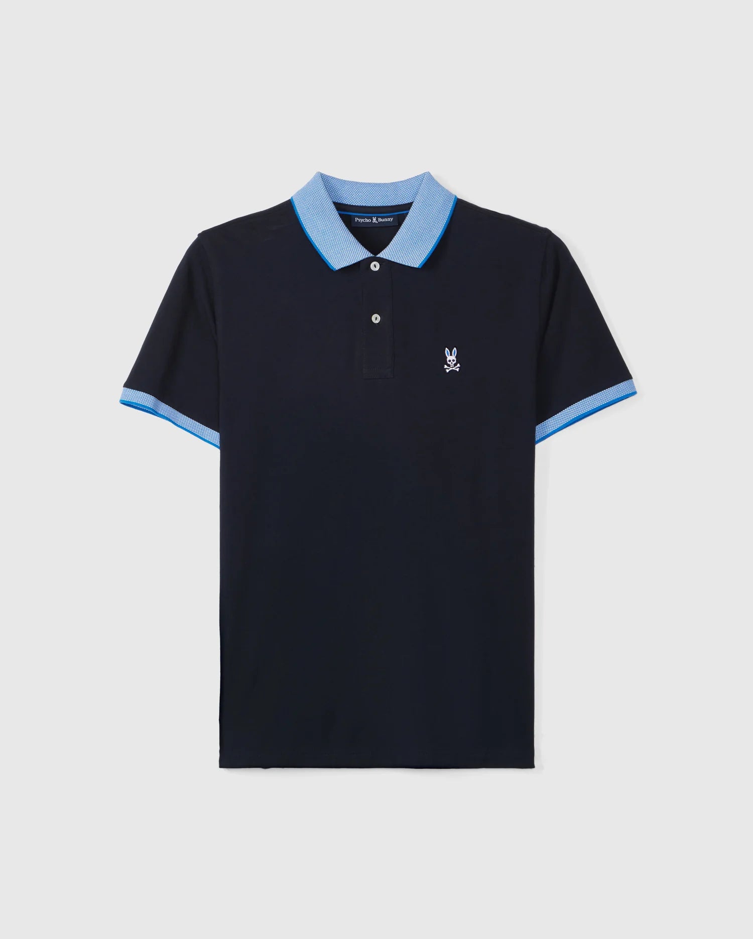 The Men's Northlake Jersey Polo (B6K504C200) by Psycho Bunny is crafted from a lightweight blend of Pima cotton. It features a black design with light blue trim on the collar and sleeve cuffs, along with a collar that showcases blue and white stripe detailing and two buttons. A small embroidered rabbit logo adorns the left chest, all displayed on a plain white background.