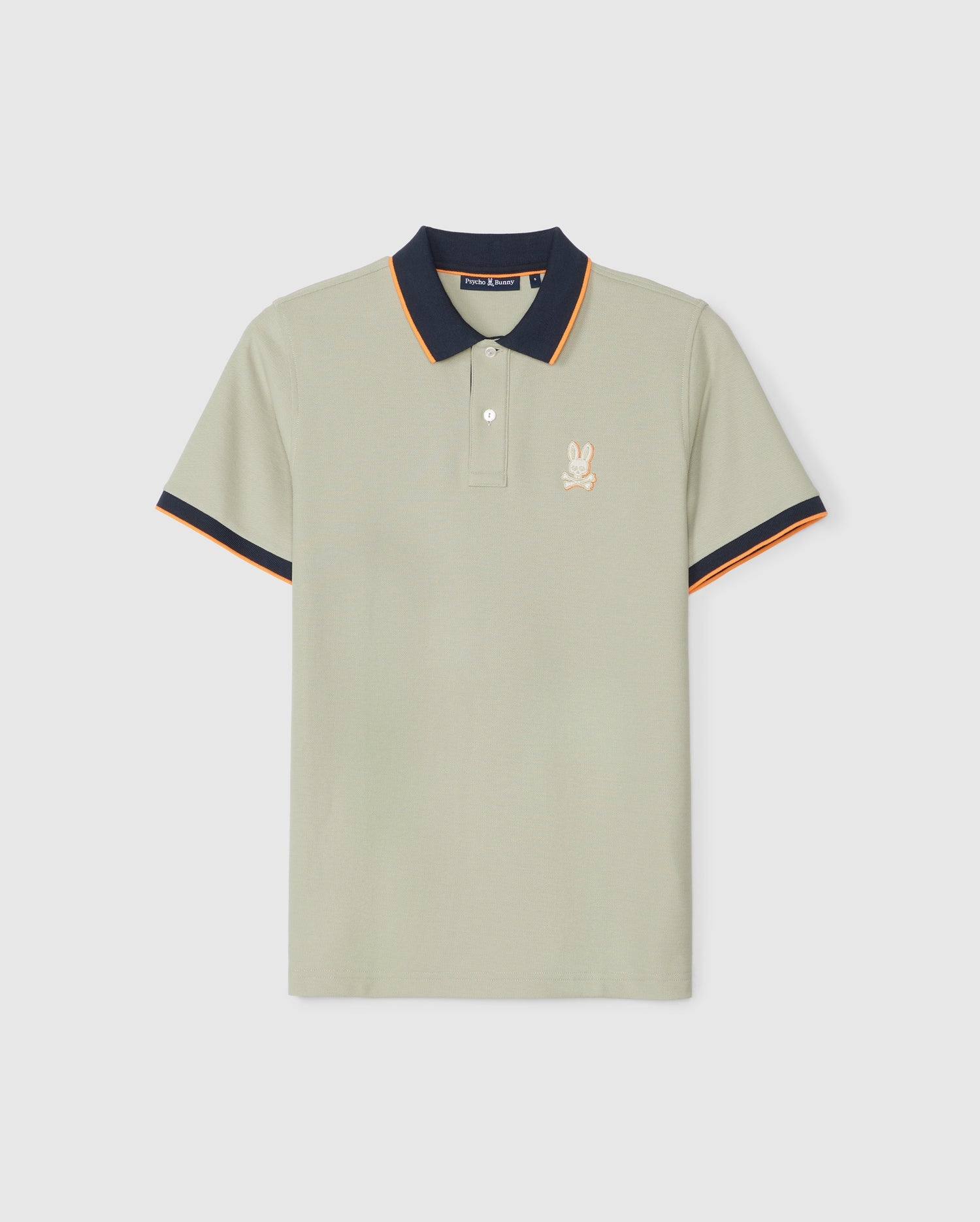 A light green MENS KAYDEN PIQUE POLO - B6K675C200 made from Pima cotton piqué, featuring a two-button placket and a collar. The collar and sleeve cuffs are detailed with contrasting stripes in navy blue, orange, and yellow. An embroidered bunny logo is on the left chest side. The background is plain white.

Brand: Psycho Bunny