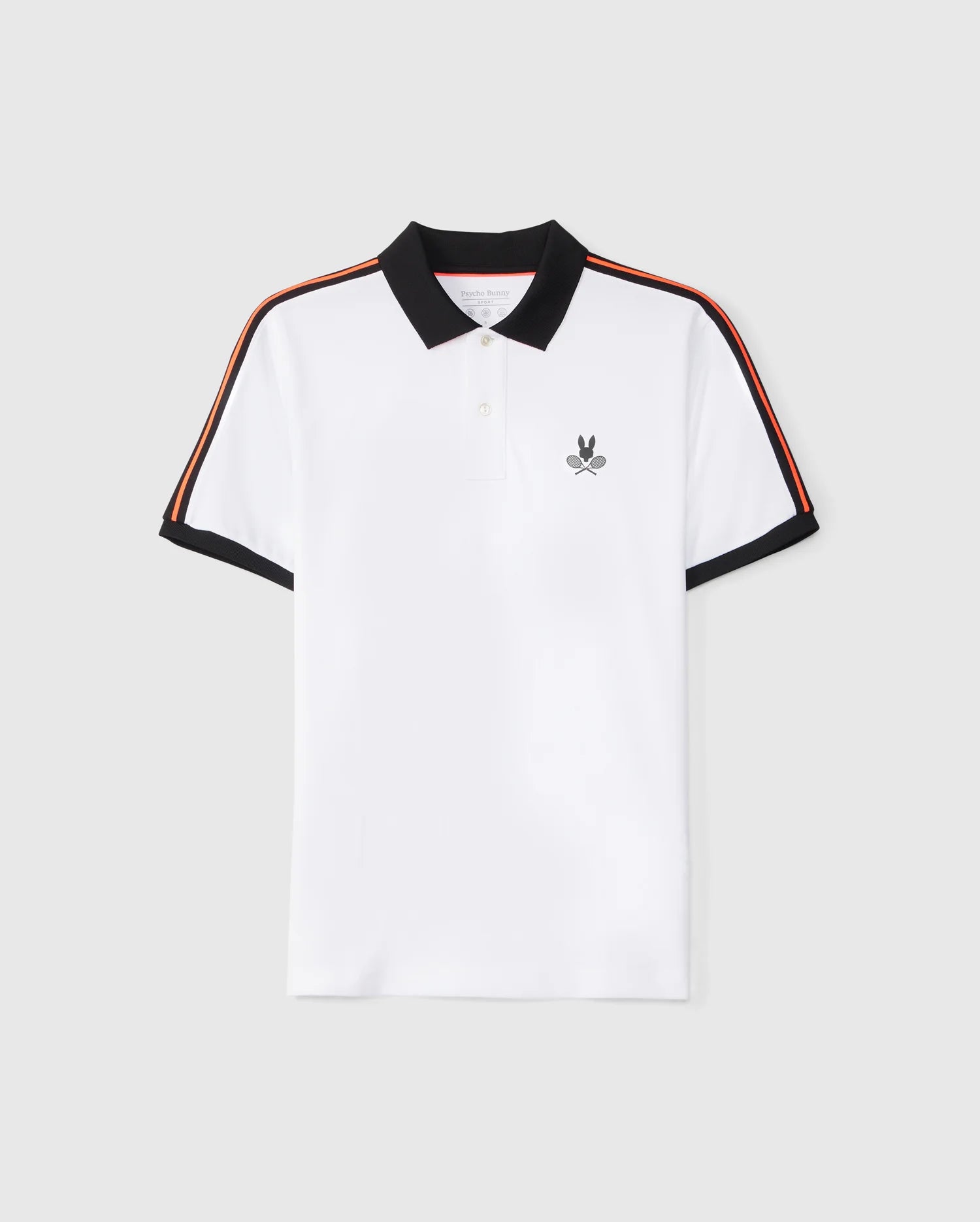 The Psycho Bunny Men's Courtside Sport Polo (B6K693C200) is a white short-sleeve sport polo featuring a black rib knit collar and sleeve cuffs. It is adorned with red and black stripes running along the top of the sleeves and an embroidered Bunny logo with a graphic design on the left chest. The background of the design is plain light gray.