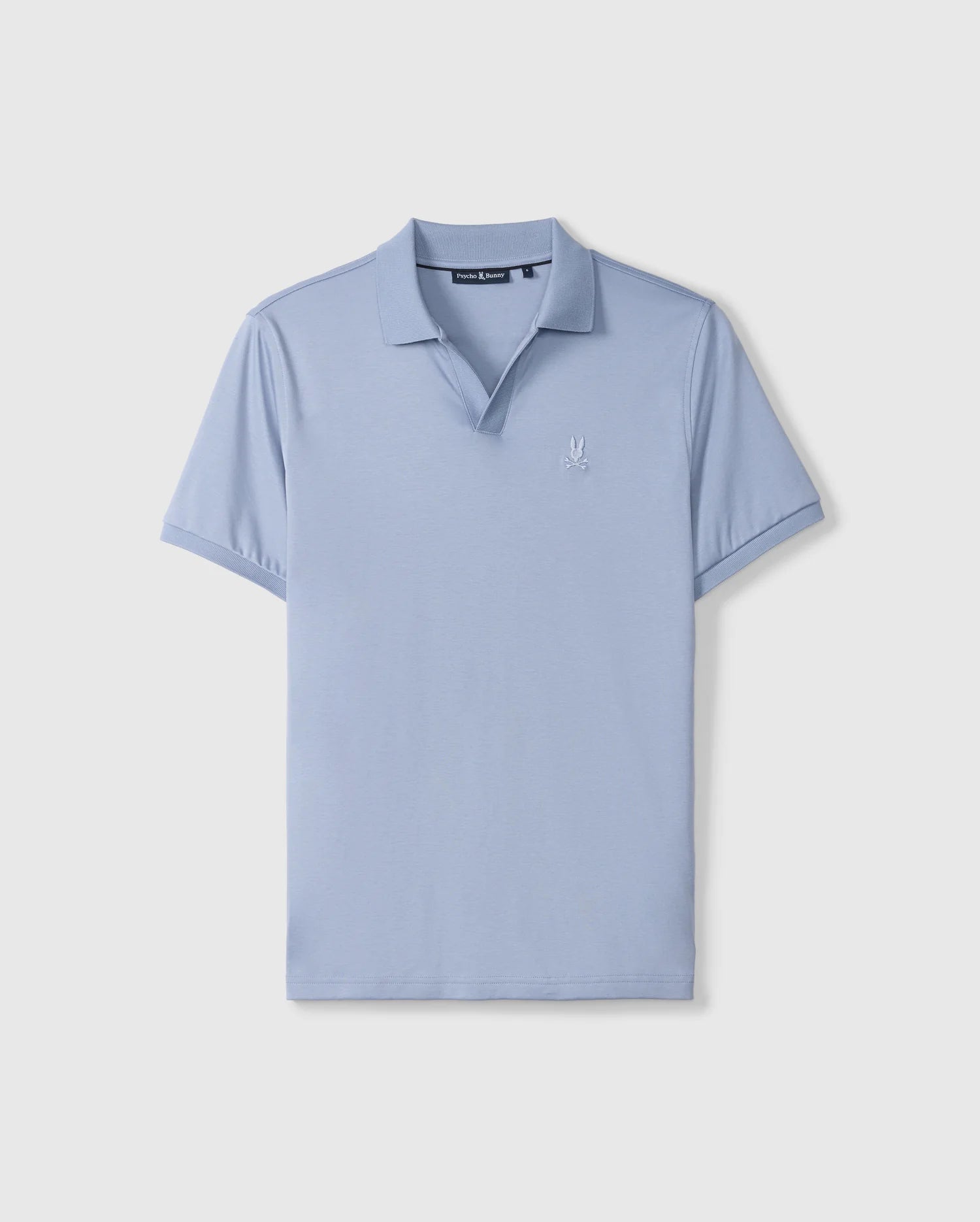 A light blue Psycho Bunny Men's Broadway Mercerized Pima Polo Shirt (B6K891D200) with short sleeves, a collar, and a small embroidered logo on the left chest. The shirt features a classic fit and an open collar without buttons. Crafted from mercerized Pima cotton, the fabric provides both soft comfort and durable luster.