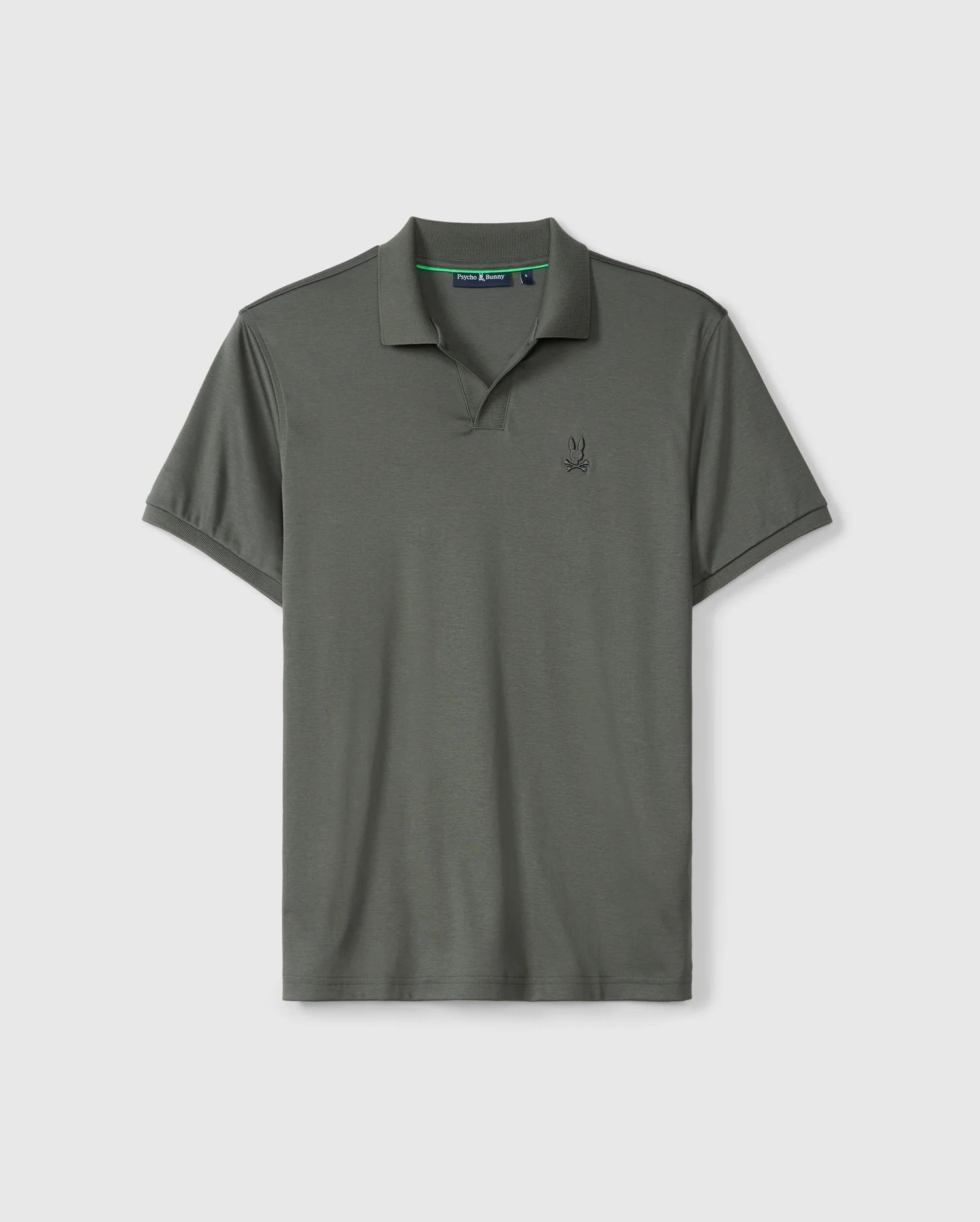 The Psycho Bunny Men's Broadway Mercerized Pima Polo Shirt (B6K891D200) is a green short-sleeve polo featuring a collar and a small embroidered logo on the left chest. Made from mercerized Pima cotton, this classic fit shirt offers a durable luster. Shown against a plain white background.