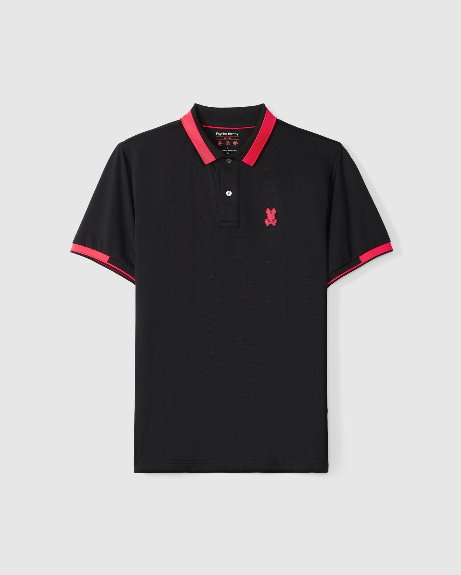 The Psycho Bunny MENS BELLEVUE SPORT POLO SHIRT - B6K905D200 in black boasts a striking red contrast collar and cuff. This stylish shirt is crafted from micro mesh fabric for enhanced breathability and features a small red embroidered bunny logo on the left chest.