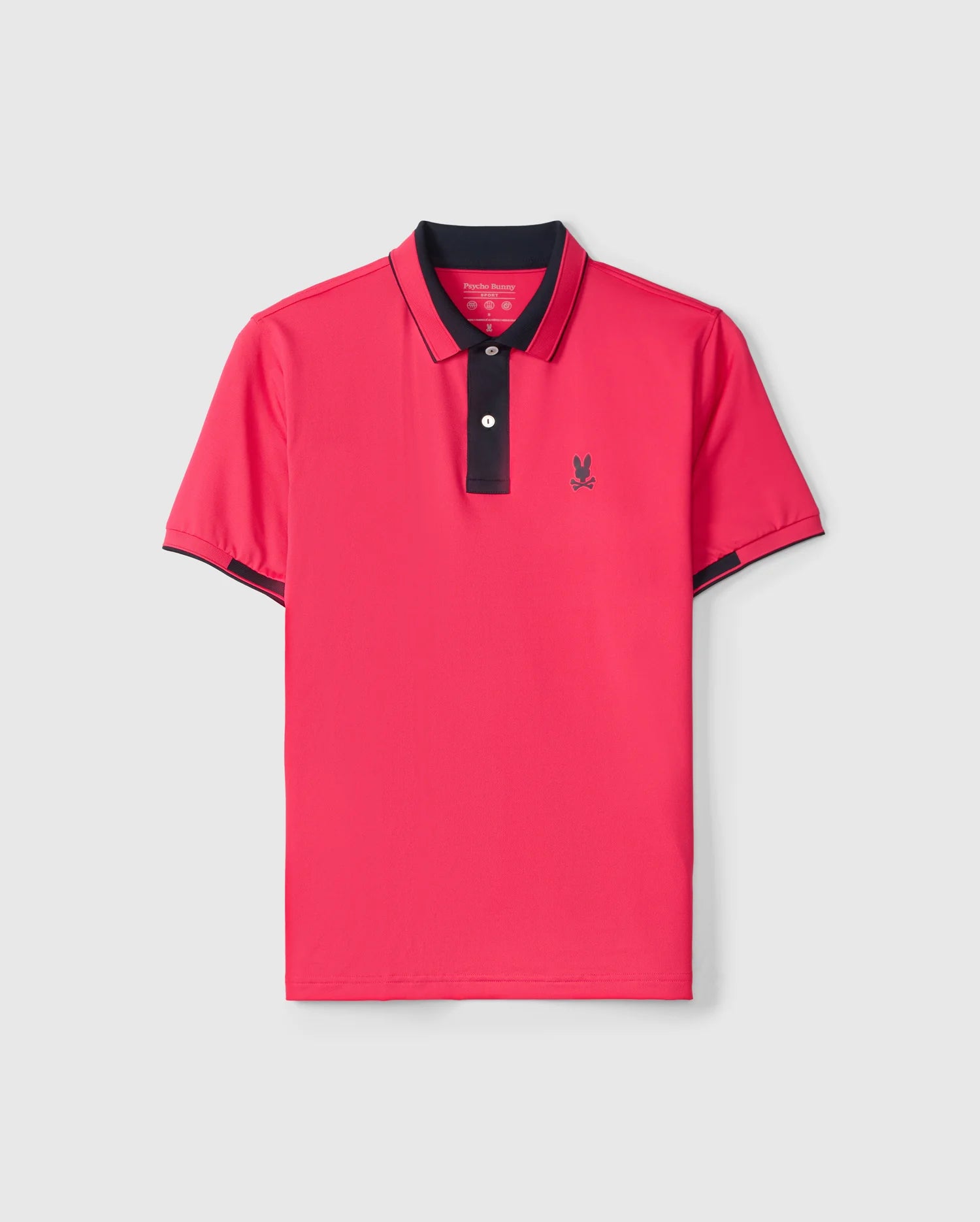 The Psycho Bunny MENS BELLEVUE SPORT POLO SHIRT - B6K905D200 features a bright pink, breathable fabric with short sleeves and black trimming on the collar and sleeves. The shirt includes a small, black bunny logo on the left chest against a versatile casual light gray background.