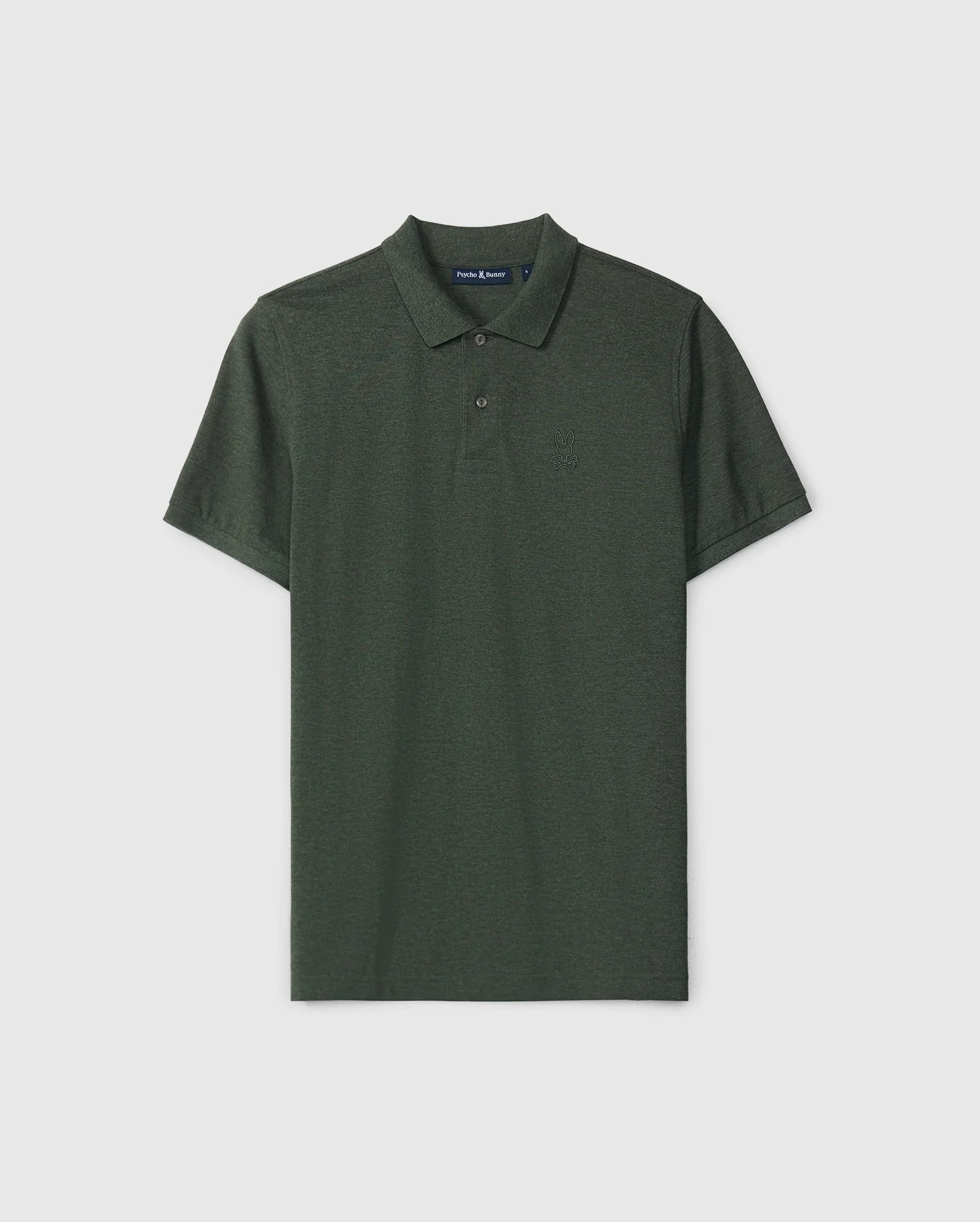 The Psycho Bunny MENS JAMES PREMIUM PIQUE POLO SHIRT - B6K945D200 in forest green features short sleeves, a collar, and three buttons down the front. This high-quality shirt boasts subtle embroidered detailing on the left chest.