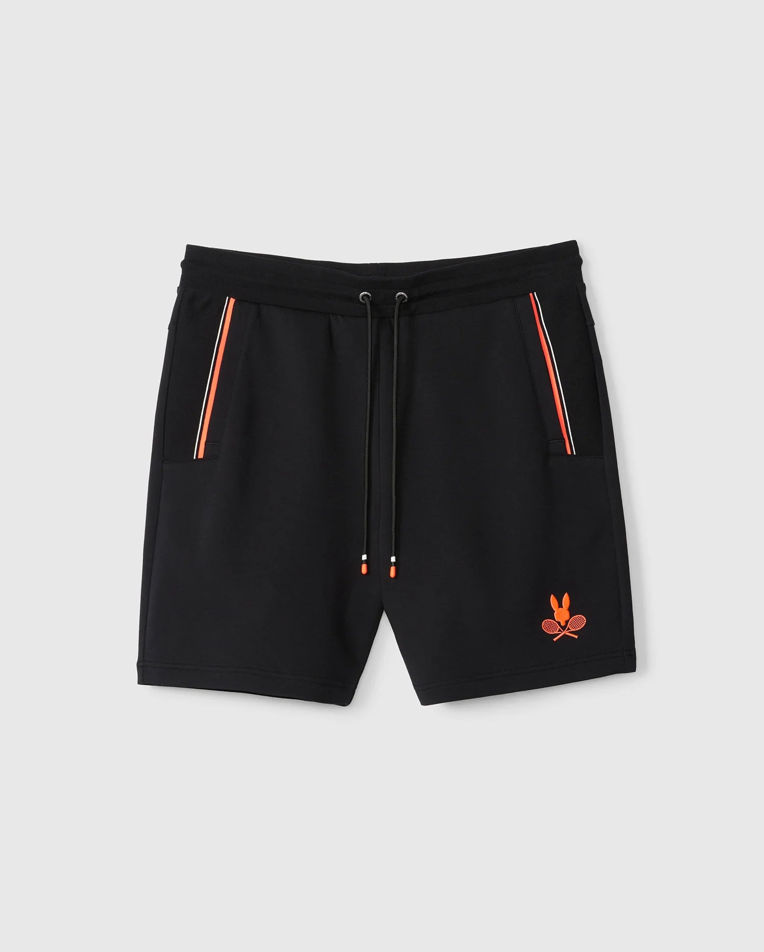 The Psycho Bunny Men's Courtside Track Short - B6R690C200 boasts black performance-ready fabric and an elastic drawstring waist. Side pockets are accented with orange and black stripes, while a playful orange embroidered rabbit logo adorns the hem of the left leg.