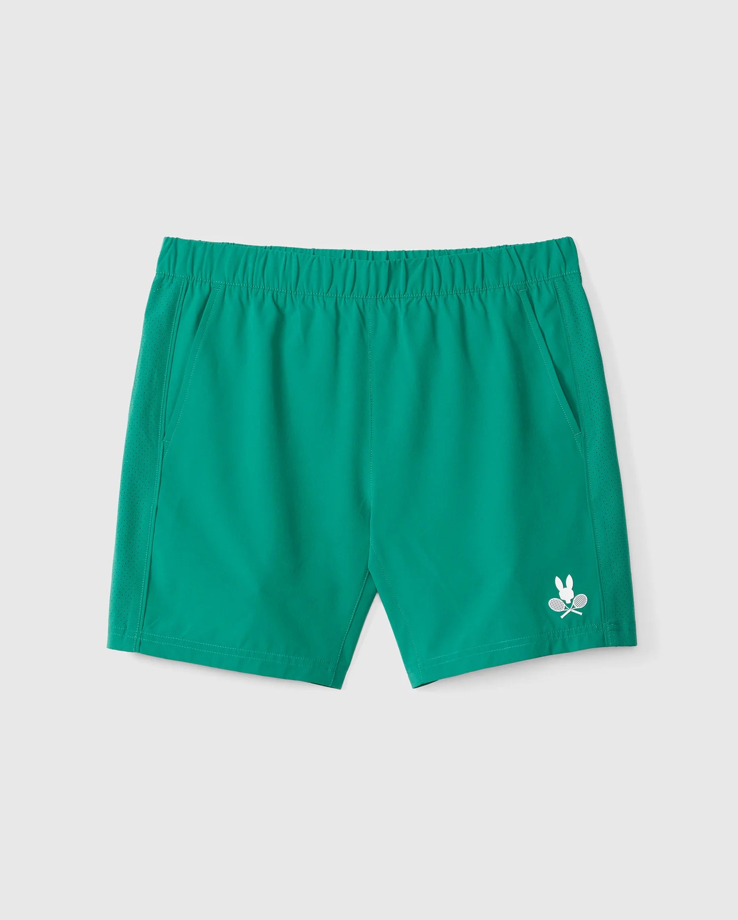 The Psycho Bunny MENS COURTSIDE SPORT TRACK SHORT - B6R691C200 is a pair of green track shorts featuring an adjustable waistband and side pockets. These shorts are designed for performance, with a small white logo on the bottom left side against a plain white background.