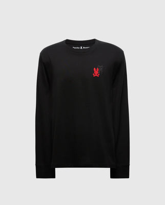 This Psycho Bunny men's Pierce long sleeve back graphic tee, product code B6T178E200, in black is crafted from Pima cotton and features a small red and black embroidered bunny logo on the left chest, providing both comfort and style.