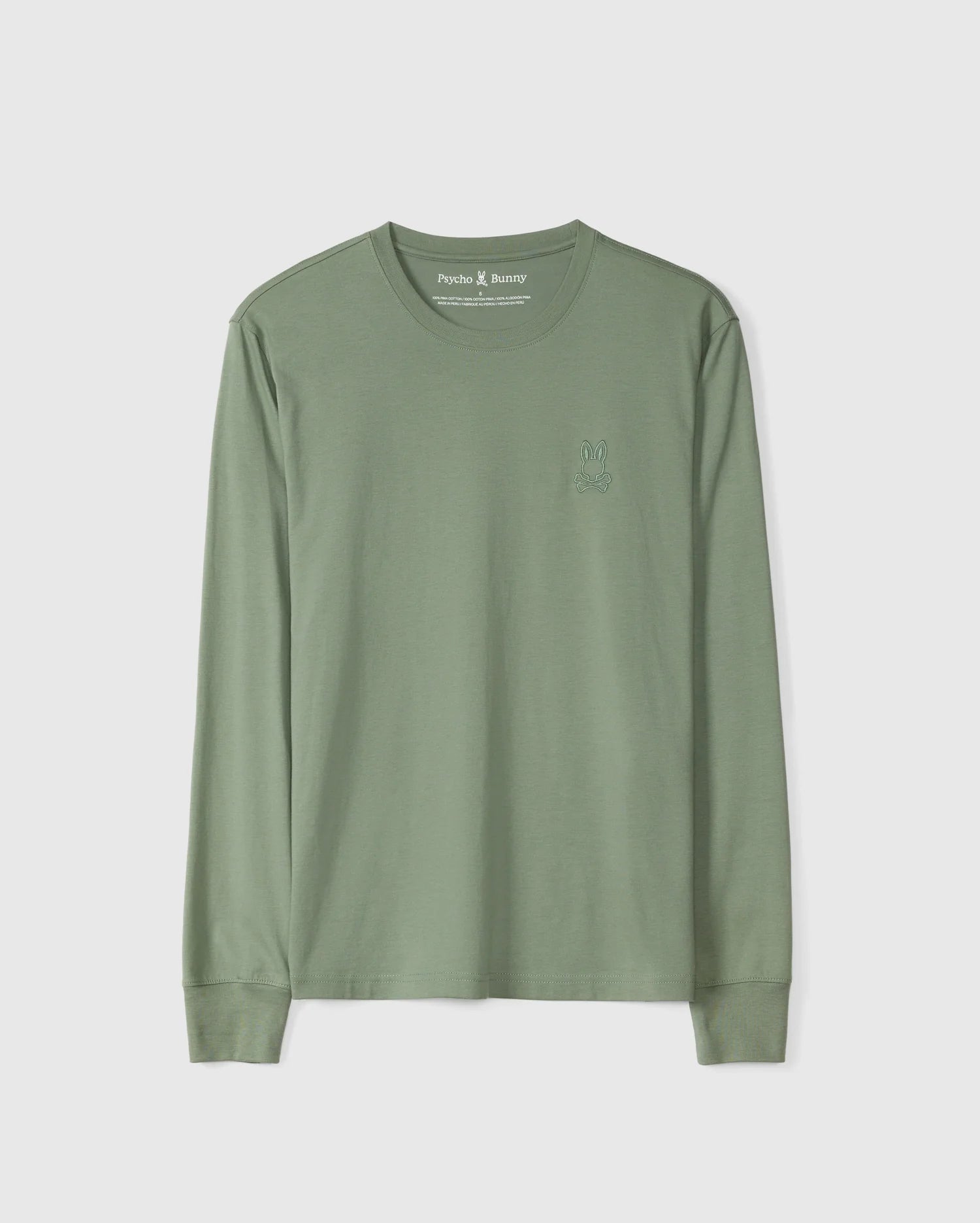 Introducing the MENS ALBERTON LONG SLEEVE TEE - B6T867D200 by Psycho Bunny: This sage green tee, meticulously crafted from soft Pima cotton, boasts a small embroidered bunny logo on the left chest. With its classic crew neck and comfortable fit, this stylish piece stands out against a clean white background.