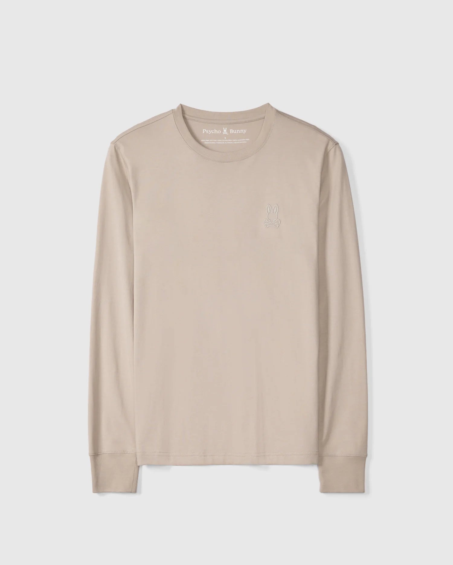 A beige MENS ALBERTON LONG SLEEVE TEE - B6T867D200 made of Pima cotton, displayed flat against a white background. The t-shirt features a crew neck and a subtle embroidered logo on the upper left chest. The brand name 