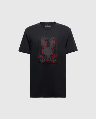 The MENS PIERCE EMBROIDERED GRAPHIC TEE from Psycho Bunny is crafted from soft Pima cotton and showcases a bold graphic design, featuring a silhouette with bunny ears above two crossed bones, all outlined in red at the center of the front.