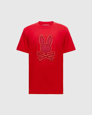 Elevate your wardrobe with the Psycho Bunny Men's Pierce Embroidered Graphic Tee – B6U115E200. Crafted from luxurious Pima cotton, this red T-shirt features an enchanting bunny embroidery that beautifully depicts a playful bunny head atop crossed bones. It's an ideal choice for those who love to blend style with a hint of whimsy.