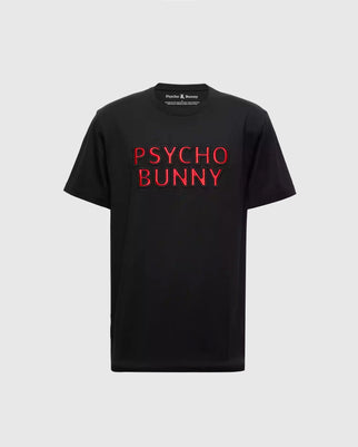 This men's Pierce Embroidered Graphic Tee by Psycho Bunny is made from soft Pima cotton and showcases "Psycho Bunny" in striking red letters across the chest.