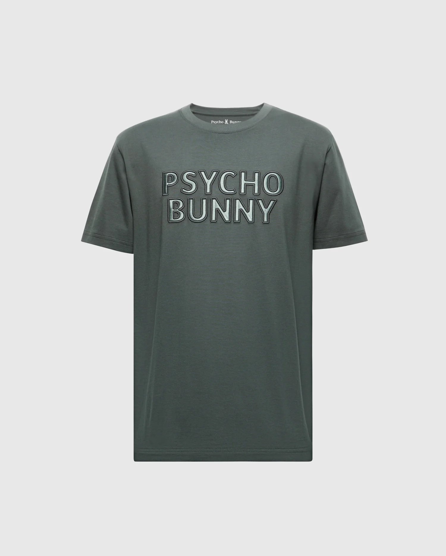 The MENS PIERCE EMBROIDERED GRAPHIC TEE by Psycho Bunny is a gray-green T-shirt featuring bold 