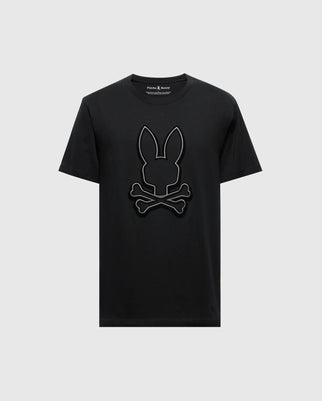 The Psycho Bunny MENS ALEXANDER GRAPHIC TEE - B6U163E200, crafted from soft Pima cotton, features a stylized rabbit head with long ears above crossed bones, evoking the imagery of a skull and crossbones.