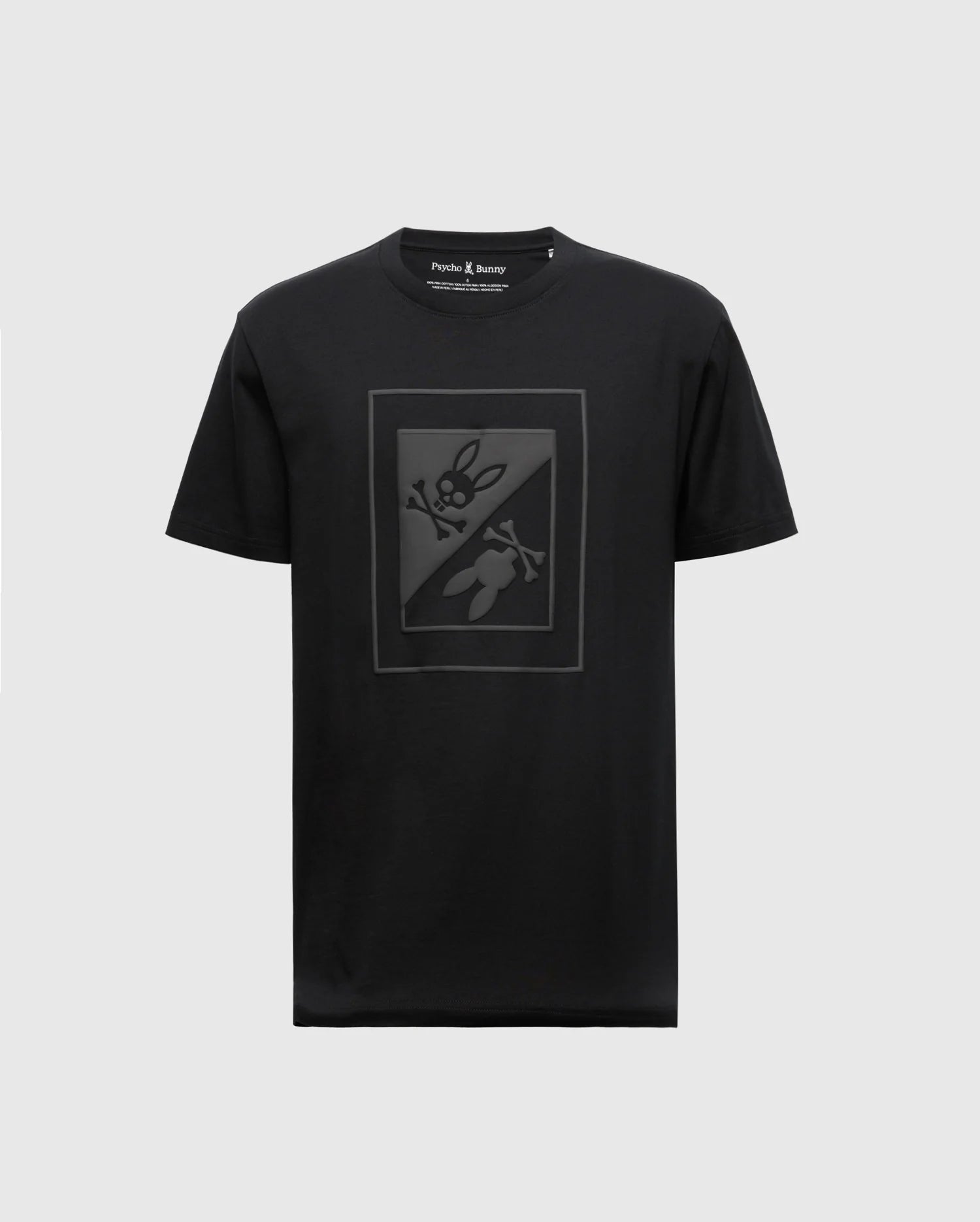 The Men's Dotser Graphic Tee by Psycho Bunny features a small square graphic on the front of a black tee, showcasing a stylized bunny with crossbones design. This trendy item offers a unique look perfect for those who appreciate bold fashion statements.