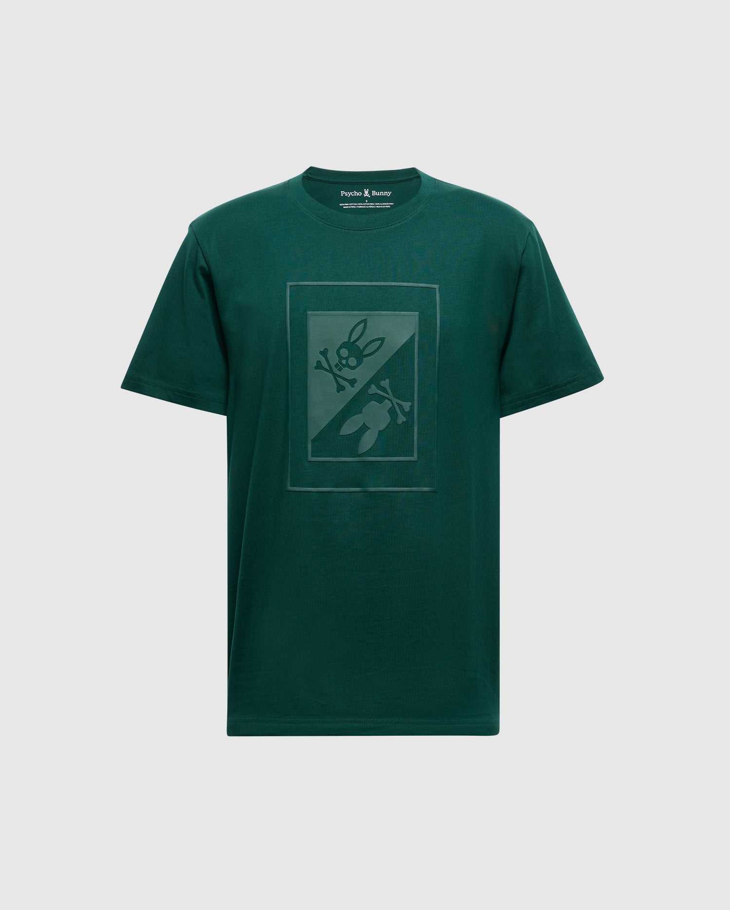 The MENS DOTSER GRAPHIC TEE by Psycho Bunny is a dark green men's T-shirt made from luxurious Peruvian Pima cotton, features a subtle puff print bunny graphic with a rocket on a plain background.