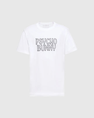 A white wordmark Tee from Psycho Bunny, featuring "PSYCHO BUNNY" in bold outline across the chest. Crafted from lightweight, durable Pima cotton for a soft touch against a plain light gray background. Product: MENS MONARC WORDMARK GRAPHIC TEE - B6U210E200.