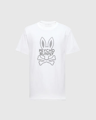 Introducing the Psycho Bunny Mens Dumon Graphic Tee - B6U271E200, crafted from premium Pima cotton and showcasing a striking design of bunny ears and crossed bones, complete with the "PSYCHO BUNNY" text at the center.